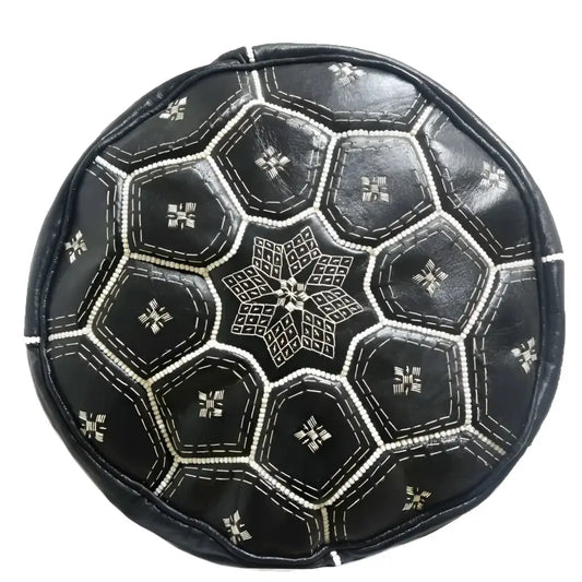 Moroccan Leather Tile Ottoman - Black