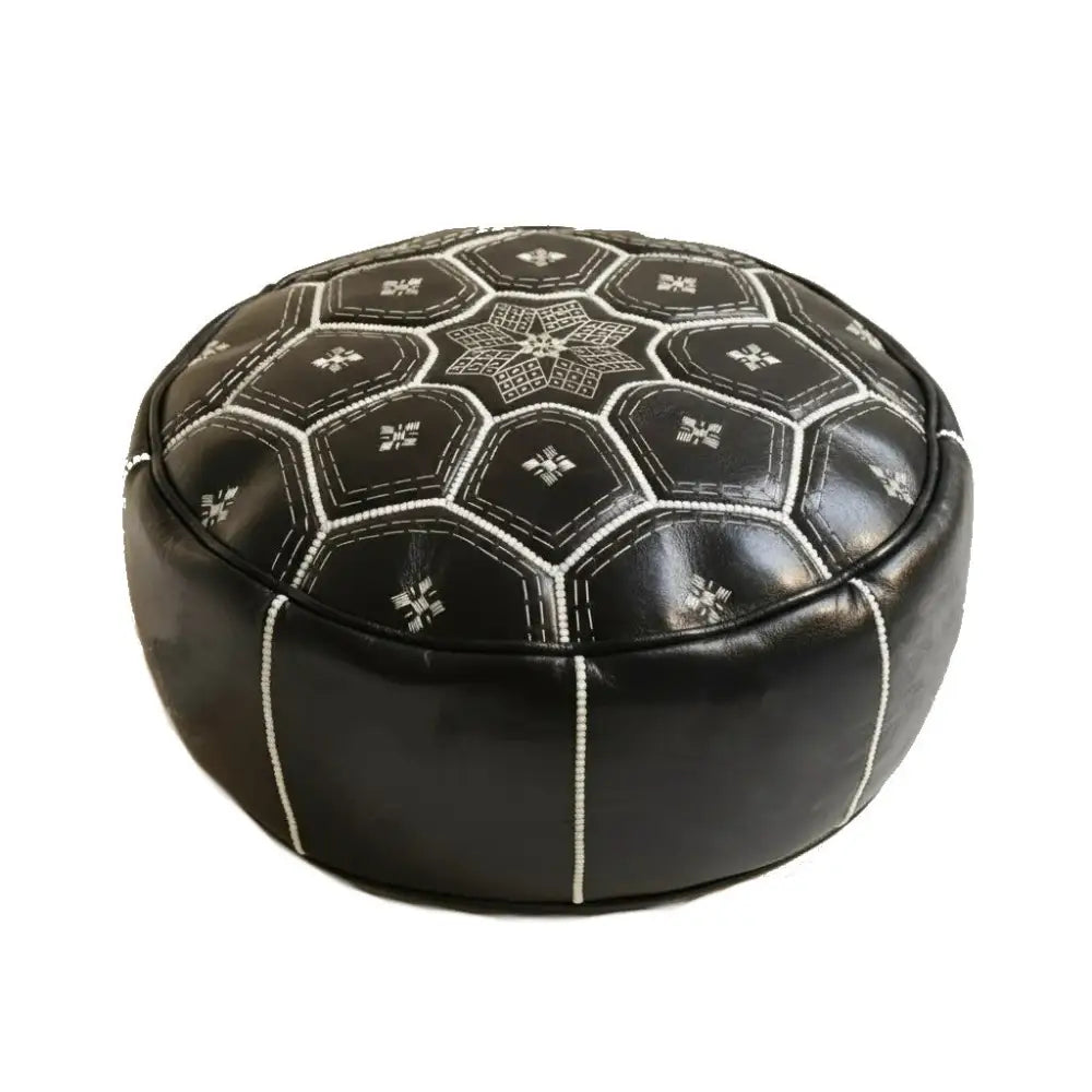 Moroccan Leather Tile Ottoman - Black