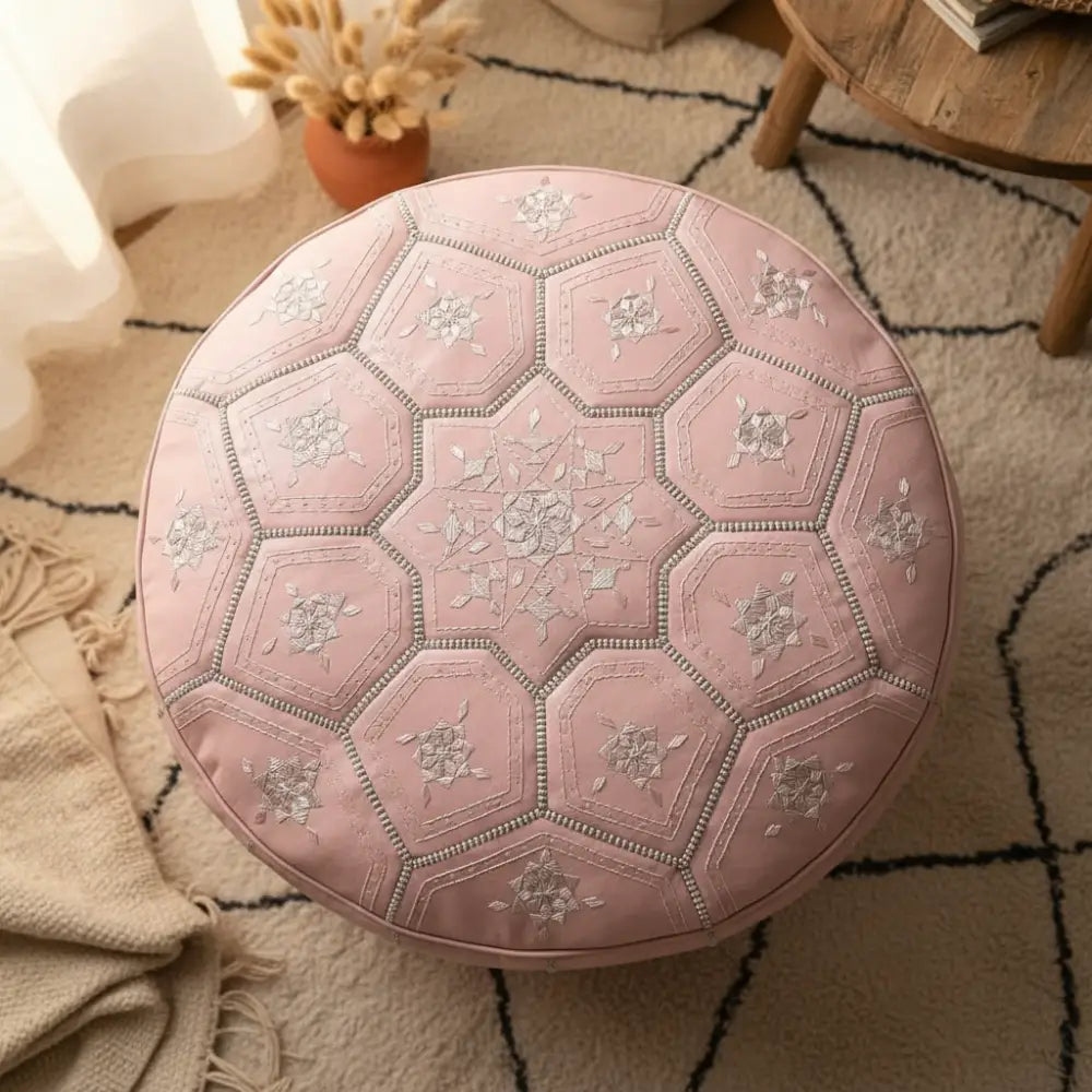 Soft Pink Tile Design Ottoman - Top View Embroidery