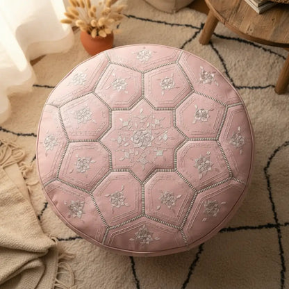 Soft Pink Tile Design Ottoman - Top View Embroidery