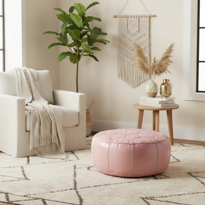 Moroccan Leather Tile Ottoman - Soft Pink