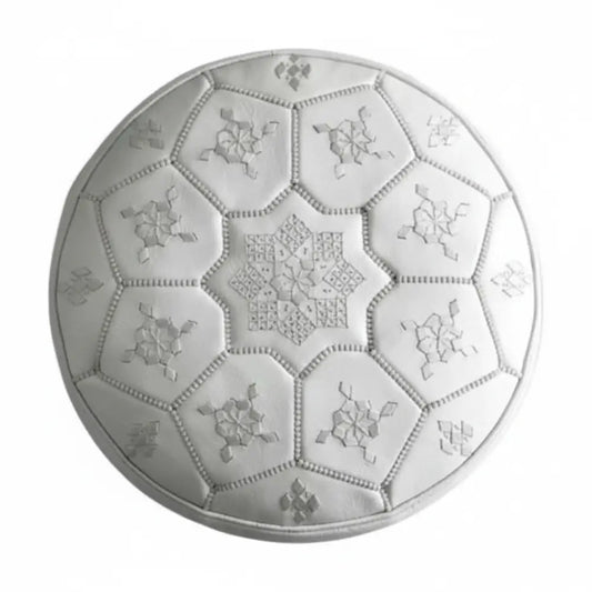 Moroccan Leather Tile Ottoman White - Top View on White Background