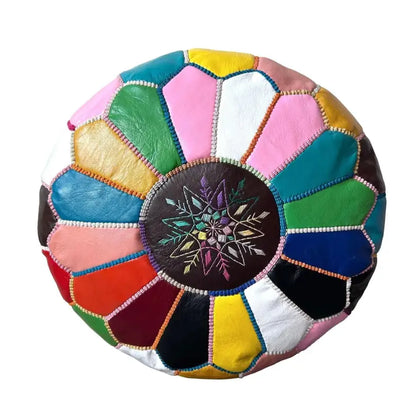Multi Color Moroccan Leather Ottoman - Traditional Design