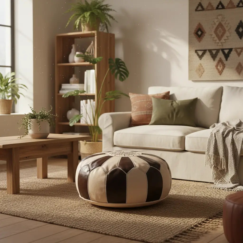 Natural and Brown Moroccan Ottoman - Organic Warmth