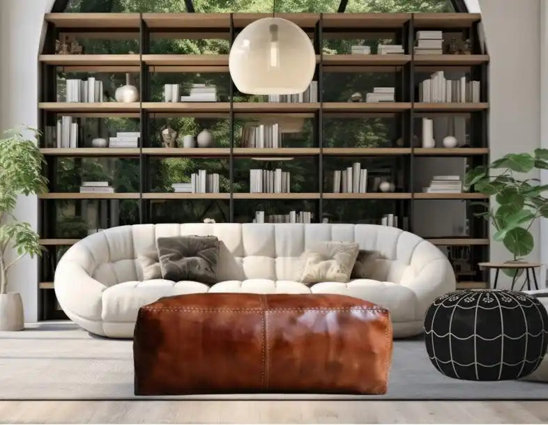 A tufted white sofa with a rounded back, accompanied by a rectangular brown leather ottoman and a black patterned pouf.