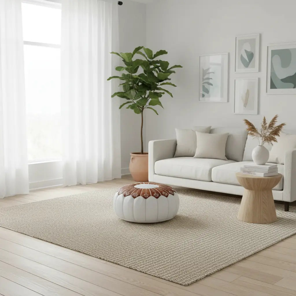 White and Tan Moroccan Ottoman - Coastal Elegance