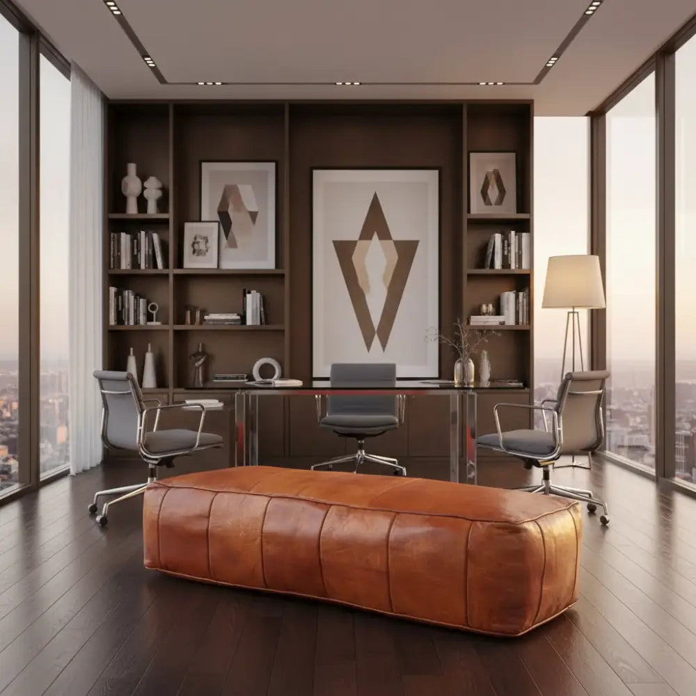 X Large Rectangular Leather Ottoman - Brown Caramel in Luxury Modern Office