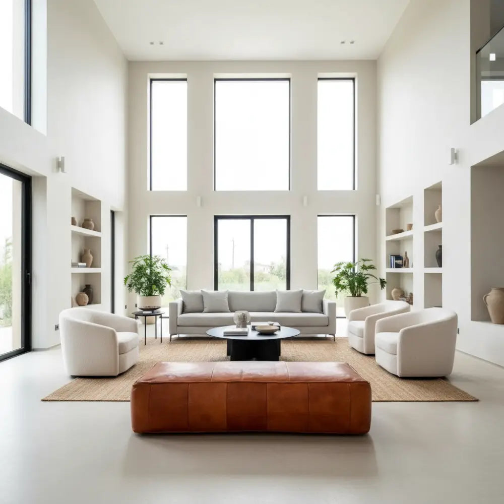 X Large Rectangular Leather Ottoman - Brown Caramel in Spacious Modern Living Room