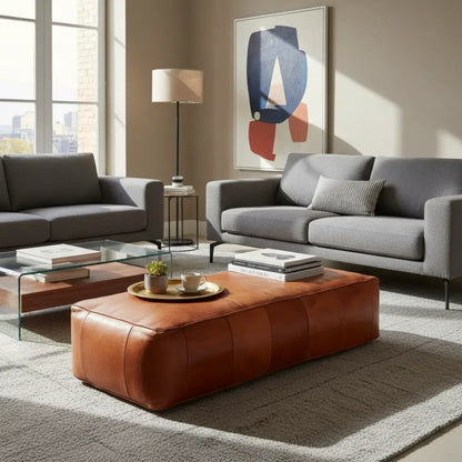 X Large Rectangular Leather Ottoman - Brown Caramel in Modern Living Room