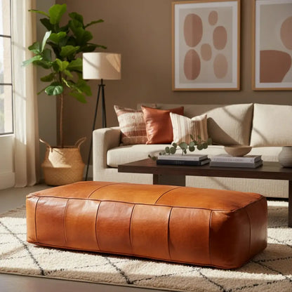 X Large Rectangular Leather Ottoman - Brown Caramel
